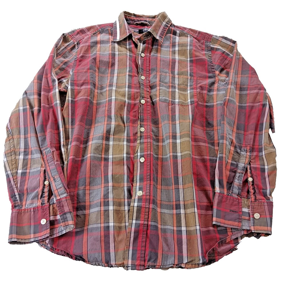 Gap Red Orange Gray Palette Plaid Button Up Cotton Shirt Medium